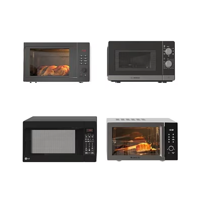 Modern Kitchen Appliances In Black Silver Styles Including Microwaves Ovens With Cooking Food 3d model