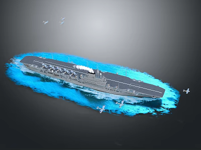 Military Aircraft Carrier Sailing In Blue Naval Water With Surrounding Fighter Planes 3d model