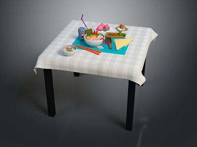 Dining Table With Checkered Tablecloth Bowl Of Food Chopsticks And Cup 3d model