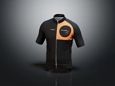 Black and Orange Short Sleeved Cycling Jersey With Front Zipper And Circular Logo Design 3d model