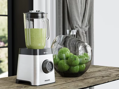 Modern Blender With Green Smoothie And Fresh Limes In Glass Bowl On Wooden Table 3d model