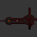 Red Mechanical Device With Large Wheel Cylindrical Body And Orange Light Detailed