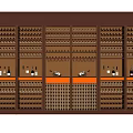 Modern Brown Wine Cabinet With Layered Wine Bottles And Hanging Glasses