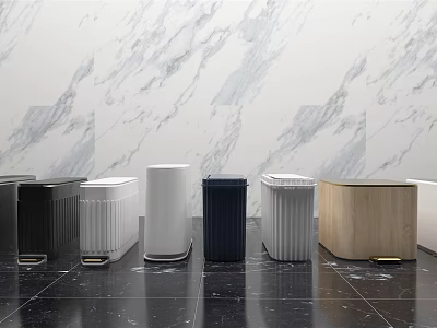 Modern Public Facility Trash Bins With Various Colors And Materials In Public Areas 3d model