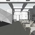 Modern Restaurant Interior With Concrete Ceiling Beams Arched Doorway And Pendant Lights