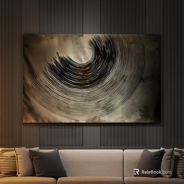 Contemporary Abstract Painting With Textured Spiral Lines On Dark Wall Background 3d model 