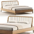 Simple Design Wooden Double Bed With Slatted Headboard And Light Colored Bedding 3d model