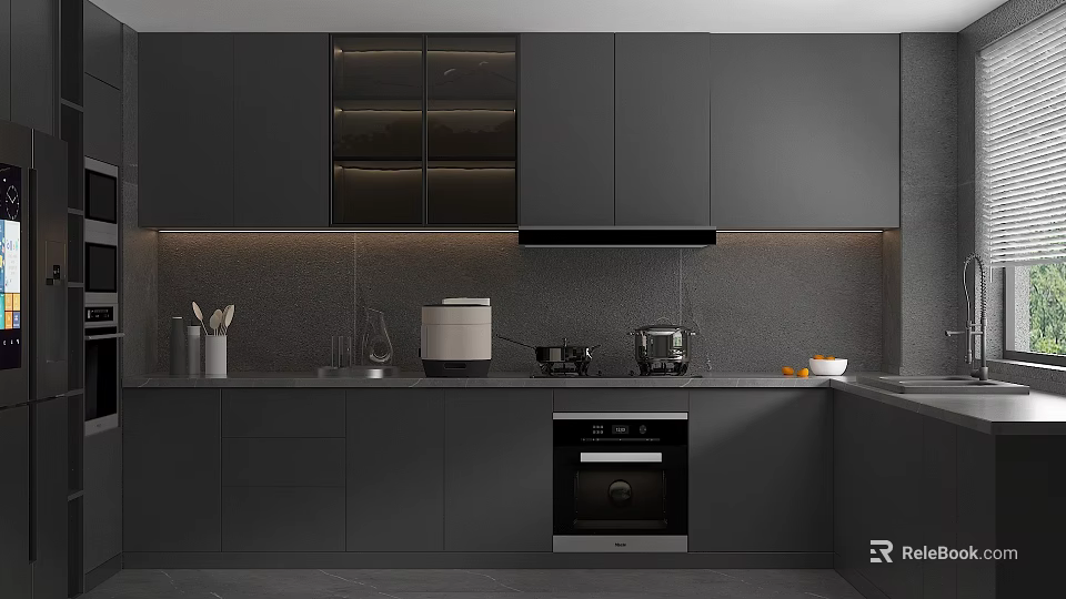 Modern Dark Kitchen Interior With Glass Door Cabinets LED Lighting And Countertop Utensils 3d model 