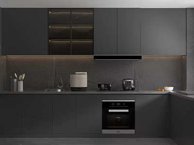Modern Dark Kitchen Interior With Glass Door Cabinets LED Lighting And Countertop Utensils 3d model