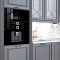 Modern Kitchen Gray Cabinets With Glass Doors Marble Countertop Drawers And Built In Coffee Maker
