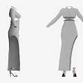 White Fitted Long Dress With V Neck Long Sleeves Cut Out Waist And Slit Hem
