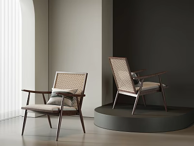 Modern Comfortable Wicker Leisure Chair With Wooden Frame And Pillow In Living Room 3d model