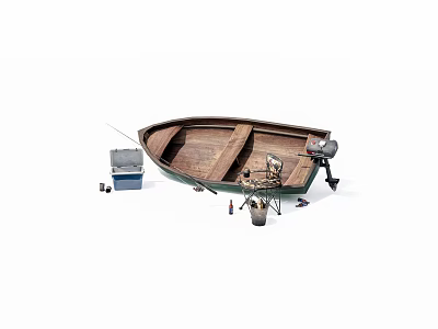 Wooden Fishing Boat With Outboard Motor Fishing Rod And Blue Cooler 3d model