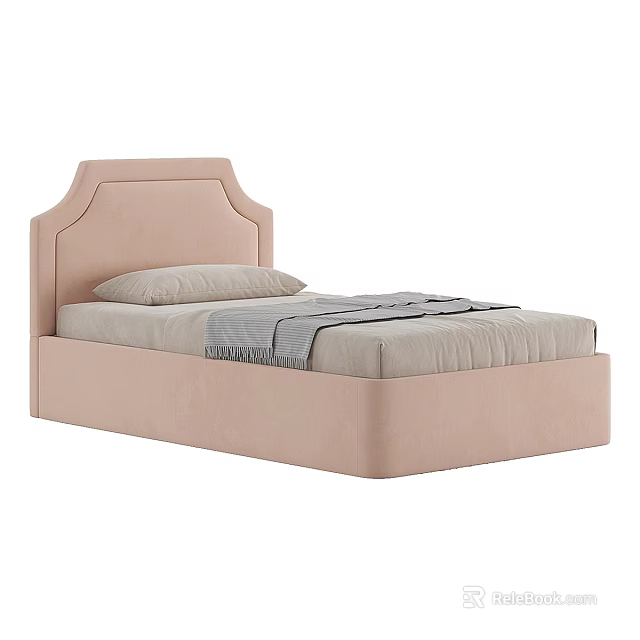 Pink Upholstered Single Bed Featuring Simple Design Pillow and Gray Blanket 3d model
