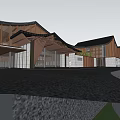 Modern Boutique Guesthouse Architecture With Curved Wooden Roof Glass Facade And Stone Paved Courtyard