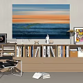 Study Room Interior With Large Abstract Painting Bookshelf And Decorative Items 3d model