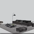 Modern Leather Sofa And Coffee Table Set With Marble Top Throw Pillows And Floor Lamp