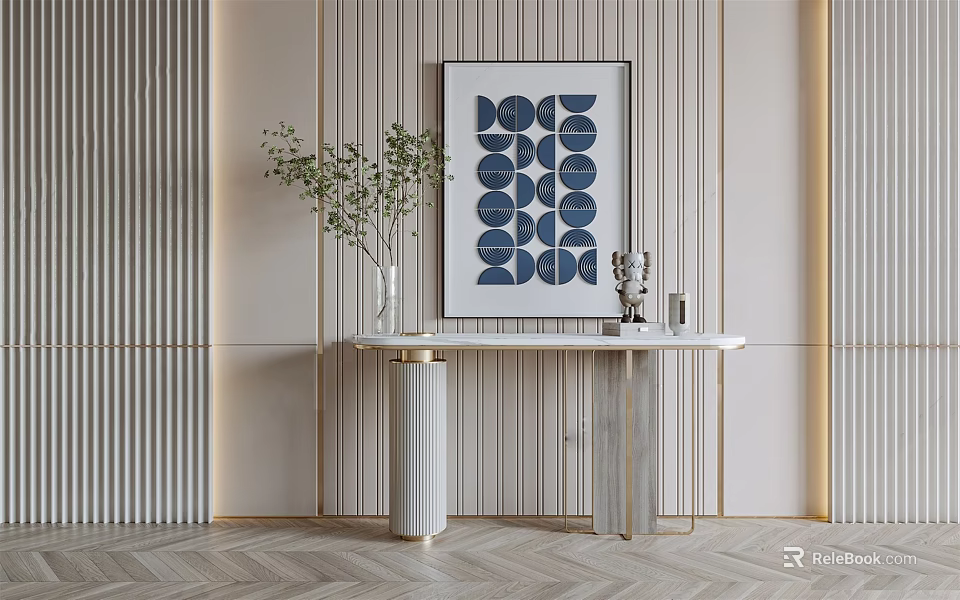 Elegant Modern Console Table With Marble Top Blue Geometric Artwork And Green Decorative Plants 3d model 