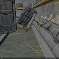 Modern Industrial Scene Featuring Metal Pipes Yellow Cables And Rustic Metal Door