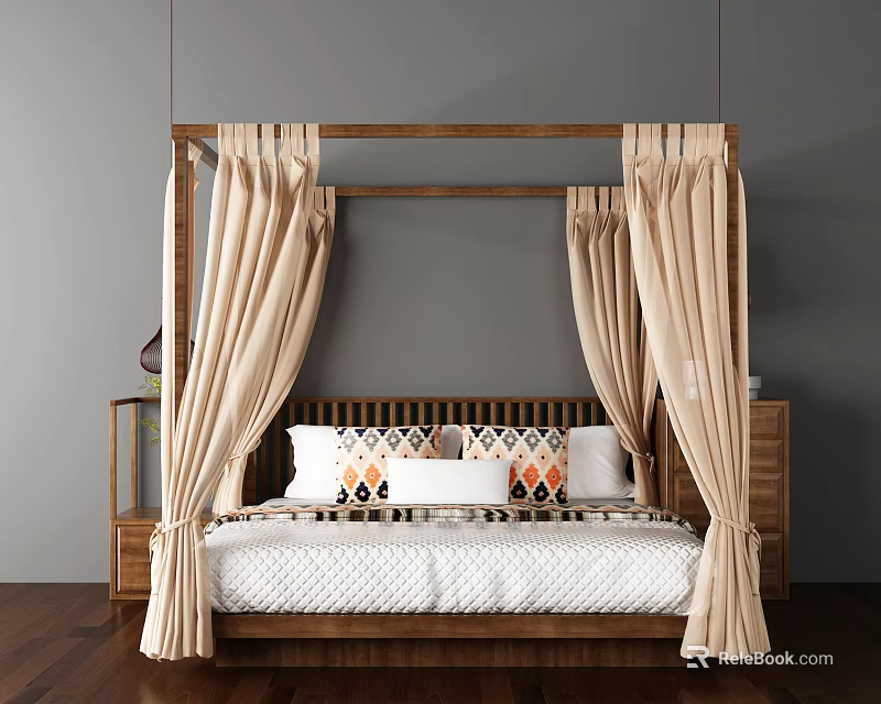 Four Poster Double Bed With Beige Drapes Geometric Pillows And Wooden Nightstands 3d model 