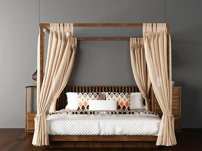 Four Poster Double Bed With Beige Drapes Geometric Pillows And Wooden Nightstands 3d model