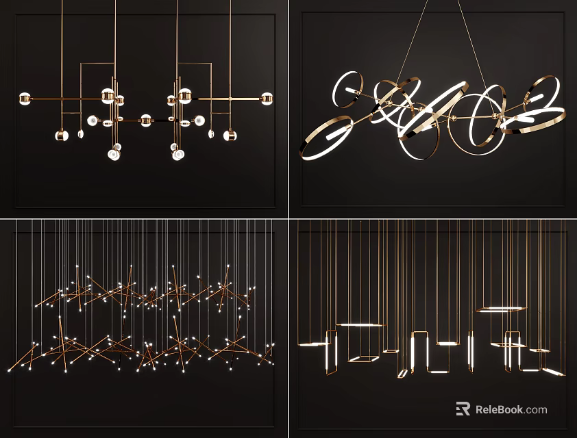Modern Gold Chandeliers With Unique Geometric Designs For Home Interior Lighting 3d model 