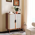 Stylish Modern Entryway Sideboard Cabinet With Rattan Doors Wooden Frame And Potted Plant Decor