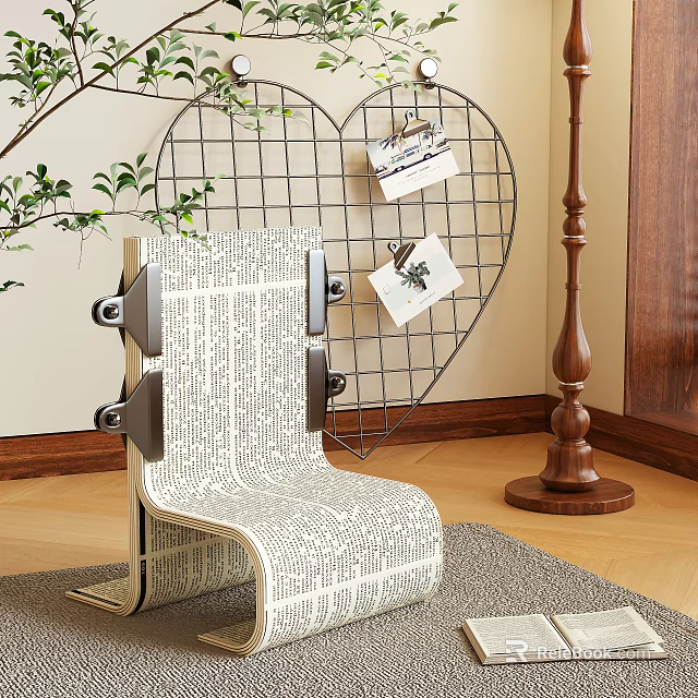 Stylish Leisure Chair With Textured Design Wire Heart Decor Wooden Floor And Plants 3d model 
