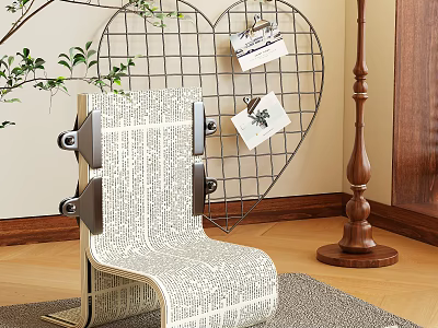 Stylish Leisure Chair With Textured Design Wire Heart Decor Wooden Floor And Plants 3d model