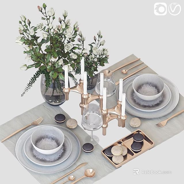 Elegant Kitchenware Table Setting With Ceramic Bowls Plates Golden Cutlery Candle Holder And Flower Vase 3d model 