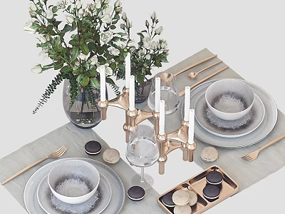 Elegant Kitchenware Table Setting With Ceramic Bowls Plates Golden Cutlery Candle Holder And Flower Vase 3d model