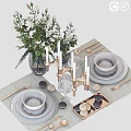 Elegant Kitchenware Table Setting With Ceramic Bowls Plates Golden Cutlery Candle Holder And Flower Vase
