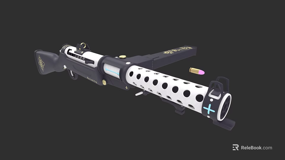 Modern Tactical Shotgun With Perforated Barrel Gold Accents Blue Cross Sight And Ammunition 3d model 