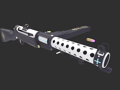 Modern Tactical Shotgun With Perforated Barrel Gold Accents Blue Cross Sight And Ammunition 3d model