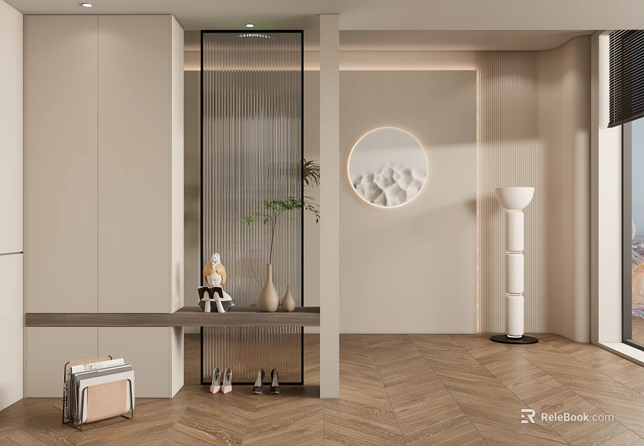 Modern Entryway Hallway Design With Beige Walls Herringbone Flooring Black Vertical Partition And Circular Art 3d model 