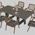 Dining Table and Chairs Set with Rectangular Gray Tabletop Rattan Backrest and Blue Cushions 3d model