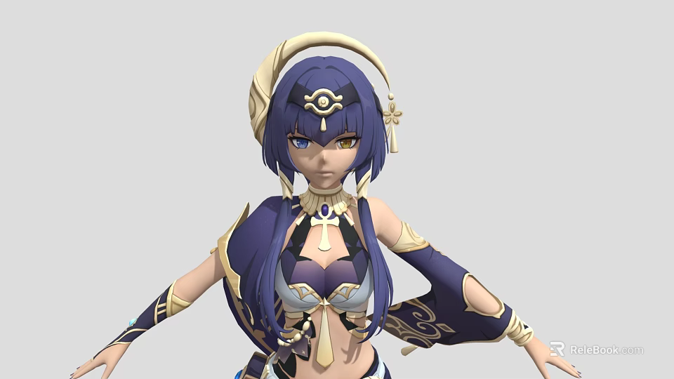 Anime Style Fantasy RPG Game Character With Purple Long Hair Golden Headdress And Blue Outfit 3d model 