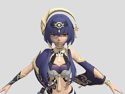Anime Style Fantasy RPG Game Character With Purple Long Hair Golden Headdress And Blue Outfit 3d model