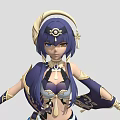 Anime Style Fantasy RPG Game Character With Purple Long Hair Golden Headdress And Blue Outfit