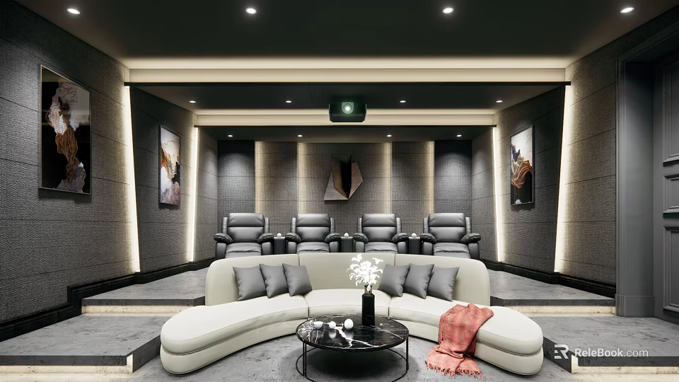 Modern Luxurious Home Theater Interior With Curved Sofa Recliner Seats And Projector 3d model 