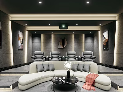 Modern Luxurious Home Theater Interior With Curved Sofa Recliner Seats And Projector 3d model