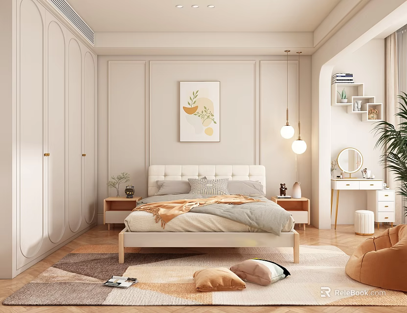 Elegant Modern Bedroom Interior With White Headboard Artwork Pendant Lights And Brown Chair Rug 3d model 