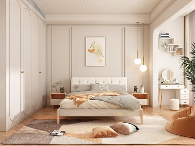 Elegant Modern Bedroom Interior With White Headboard Artwork Pendant Lights And Brown Chair Rug 3d model