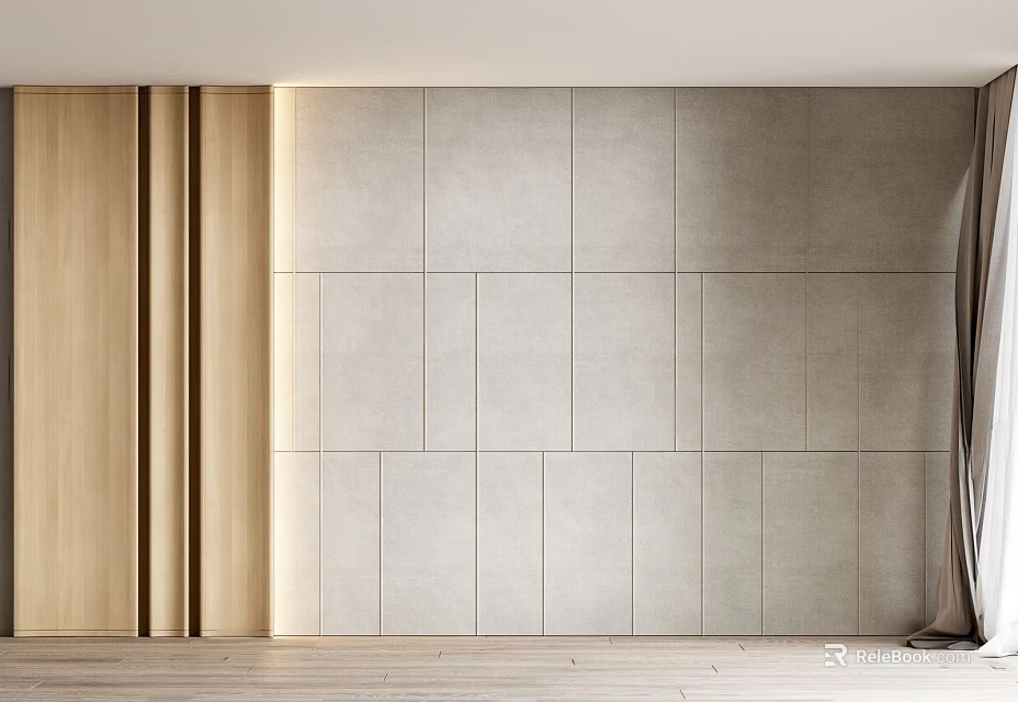 Modern Interior Background Wall With Wooden Panel And Gray Tile Texture 3d model 