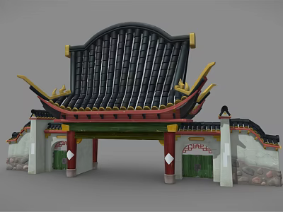 Traditional Chinese Entrance Gate With Black Tile Roof Yellow Decorations And Red Pillars 3d model