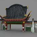 Traditional Chinese Entrance Gate With Black Tile Roof Yellow Decorations And Red Pillars