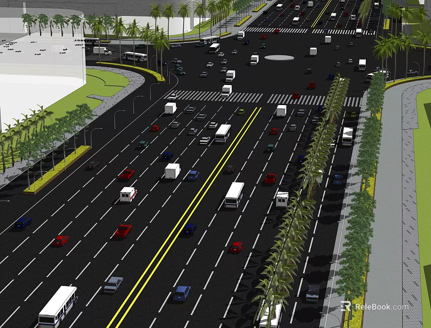 Urban Road Infrastructure Design with Multiple Lanes Vehicles and Palm Trees 3d model 
