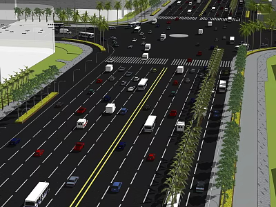 Urban Road Infrastructure Design with Multiple Lanes Vehicles and Palm Trees 3d model