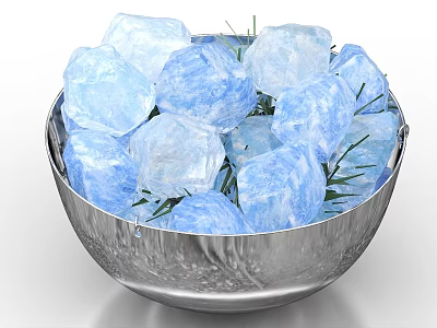 Natural Blue Stones in Handcrafted Wooden Bowl with Fresh Green Foliage 3d model