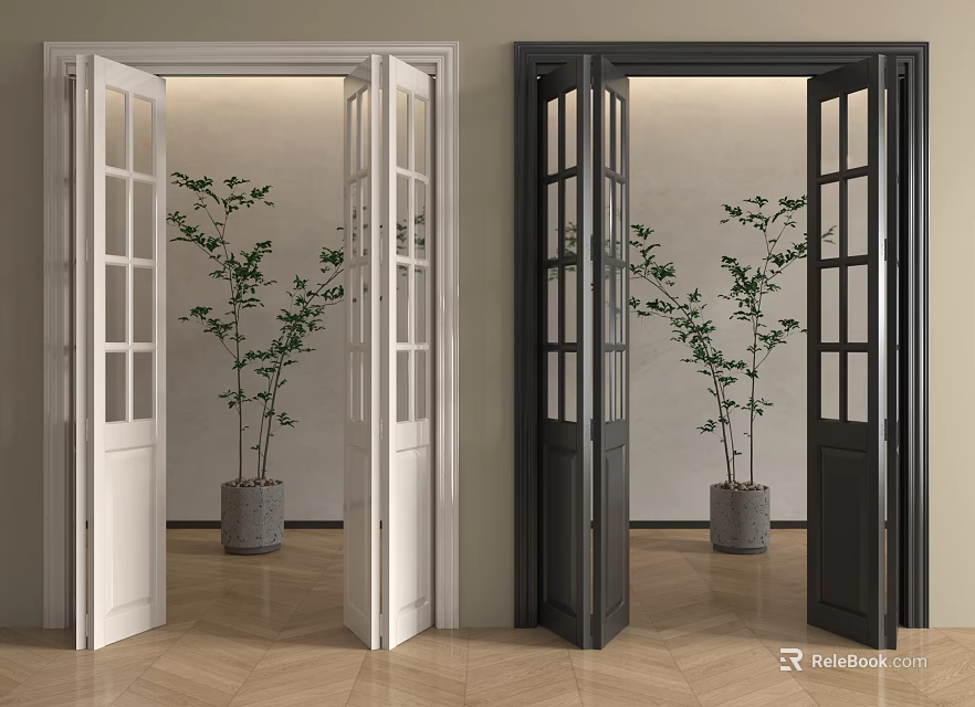 Open White and Black Folding Doors with Indoor Potted Plant and Wooden Floor 3d model 